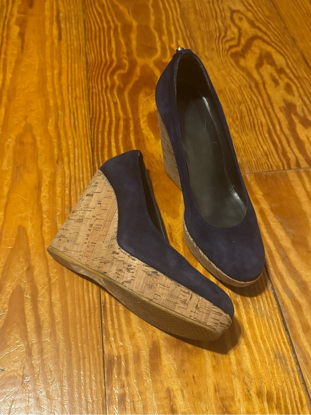 Stuart Weitzman Navy Suede Cork Wedge Pumps